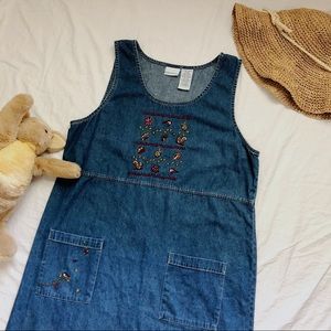 Vintage Cute Embroidery Denim Maxi Dress w Pockets